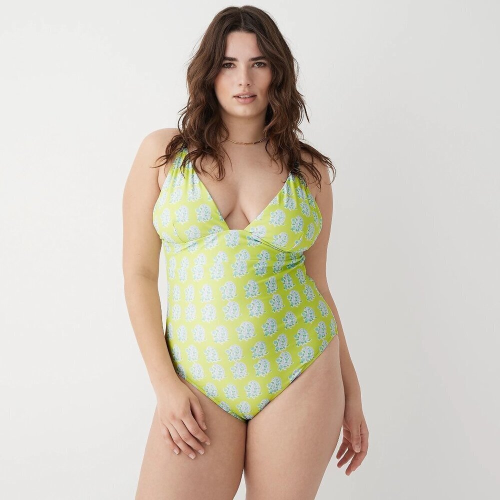NWT J.Crew Green Paisley Plunge One-Piece Swimsuit 10